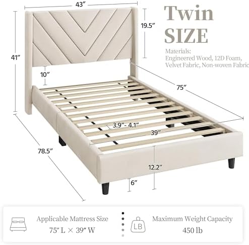 Yaheetech Twin Bed Frame with Chevron Channel-Tufted Headboard, Beige