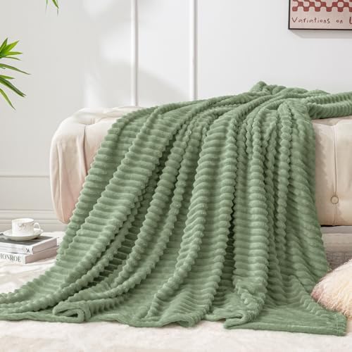 BEDELITE Ribbed Sage Grey Green Fleece Throw Blanket for Couch, 50x60 Inch