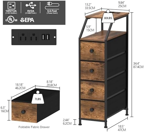 Tohomeor Narrow Dresser Tall Skinny Storage Tower Vertical Slim Chest of Drawers with Charging Station Small Nightstand Side Table for Bedroom, Bathroom, Small Spaces (Rustic Brown, 4 Drawers)