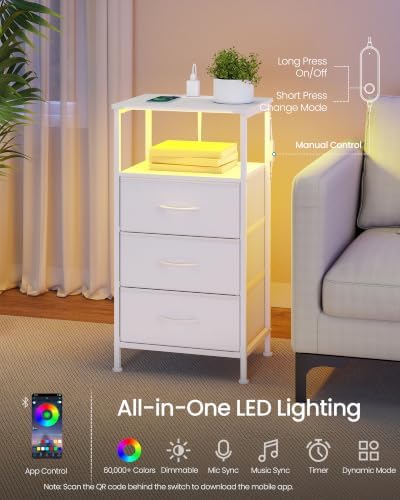 SONGMICS Nightstand with Charging Station, 3 Fabric Drawers