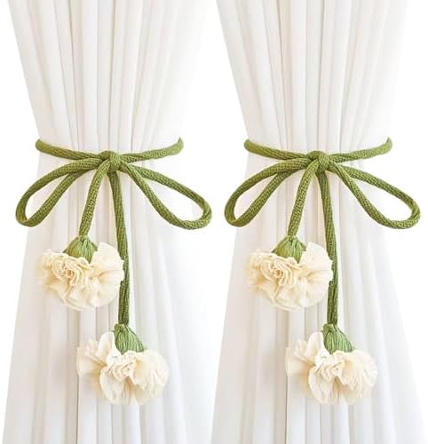 Handmade Curtains Tiebacks, Boho Flower Curtain Tie Backs Curtain Holder Tie Backs for Curtains Braided,Cute Flower Curtain Ties Decorative Rope for Bedroom Window Treatment (Milk White)