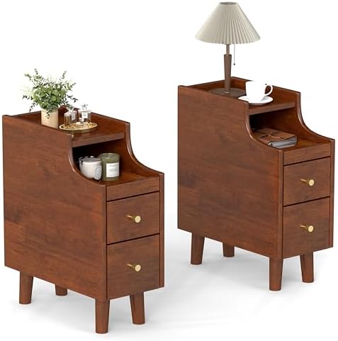 KOMFOTT Narrow Nightstand with Drawers, Solid Wood Bedside Table with Pull-Out Tray & 2 Storage Drawers, Slim Sofa End Table with Cable Management for Small Spaces, Bedroom (Brown)