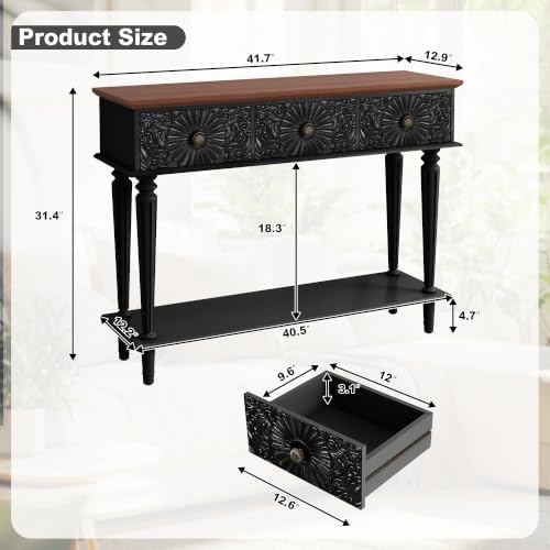 Vintage Console Table with 3 Embossed Floral Drawers for Entryway