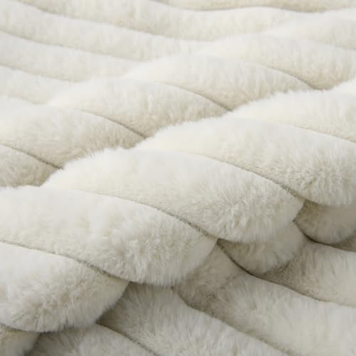 Decorative Throw Pillow with Inserts, Set of 2 Soft Faux Fur Throw Pillows, Square Boho Striped Pillow for Couch, Bed, Sofa Decor(Beige, 16" x 16")