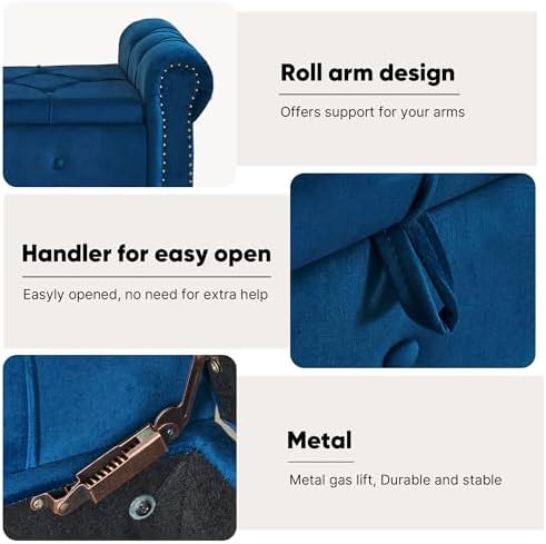 Storage Bench 67" Velvet End of Bed Benches Navy Blue