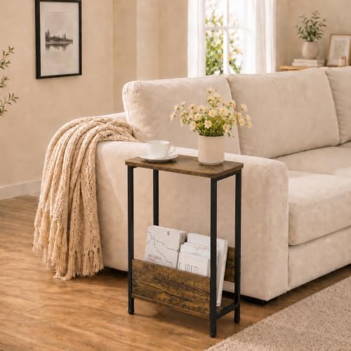 THUMEYE 7.1" Narrow Side Table for Small Spaces, 2 Tier Small End Table with Magazine Holder, Slim/Skinny Nightstand/Bedside Table for Living Room, Bedroom, 15.4" L x 24.2" H