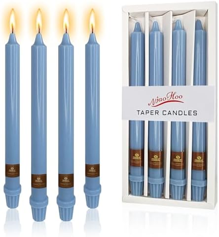 NJAO HOO Grey Blue Candlesticks 10 Inch Handmade Dripless Taper Candles Unscented Colored Candle Set, Pack of 4 - Up to 9-11 Hours Burn