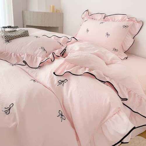 Bow Twin Bed Duvet Cover Pink Embroidered Twin Comforter Cover Ruffle Boho Washed Brushed Microfiber Farmhouse Duvet Cover Set with 2 Pillow Cases Zipper Bedding Set Coquette Duvet Protector