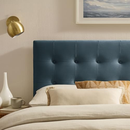 Modway Emily Full Size Performance Velvet Headboard in Cadet Blue - Stain-Resistant Velvet Upholstery with Button Tufting and 7 Adjustable Height Positions