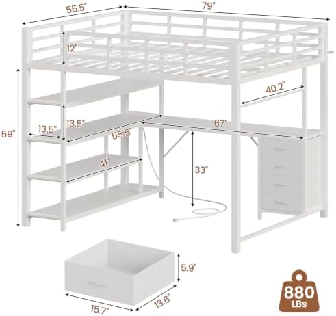 Loft Bed Full Size with L Shape Desk,4 Drawers,3-Tier Storage Shelves Metal Loft Bed Frame with Power Outlet and LED Lighted,No Box Spring Needed,Space-Saving,Noise Free (White, Full Size)
