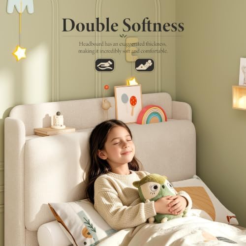 Garvee Twin Size Bed Frame with Shelf & Drawers for Kids- Beige