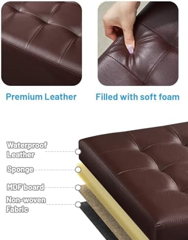 Bsketa Storage Ottoman Bench,17 Inch Folding Leather Foot Rest Stool, Brown