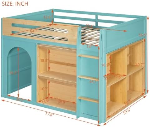 LUMISOL Full Size Loft Bed with Storage and Bookshelf, Playhouse Wooden High Sleeper Bed with Guardrails and Ladder, Space Saving Loft Bed for Kids Boys and Girls, Blue