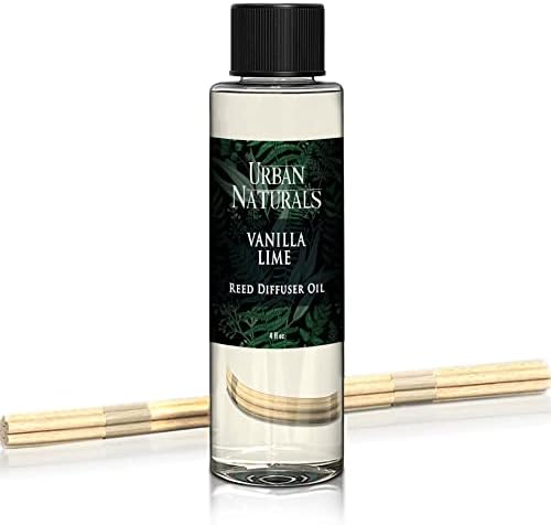 Urban Naturals Reed Diffuser Oil Refill, Vanilla Lime Citrus Essential Oils with Cane Sugar, Lime, Vanilla, 4 oz + Free Reed Sticks, Made in the USA