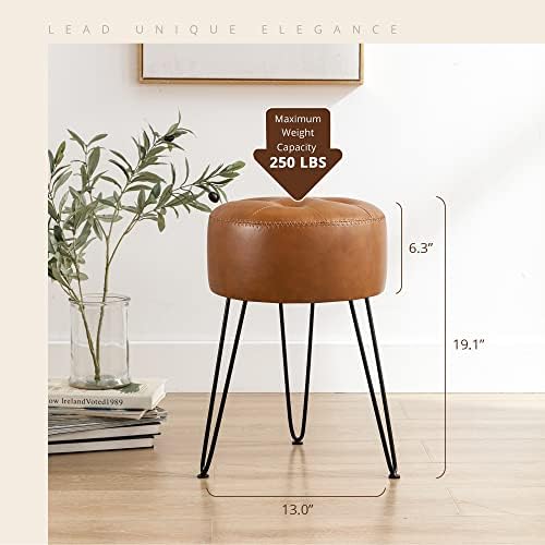LUE BONA Faux Leather Vanity Stool Chair for Makeup Room,Brown Stool for Vanity,19” Height, Tufted Small Vanity Chair with Metal Legs, Modern Foot Ottoman for Bedroom, Living Room