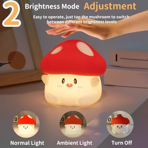 Mushroom Night Light for Kids, Cute Squishy Silicone Mushroom Lamp, 50-Hour Rechargeable Bedside Nursery Light with Tap Control, 30-Min Auto-Off Timer, Kawaii Room Decor Gift for Girls