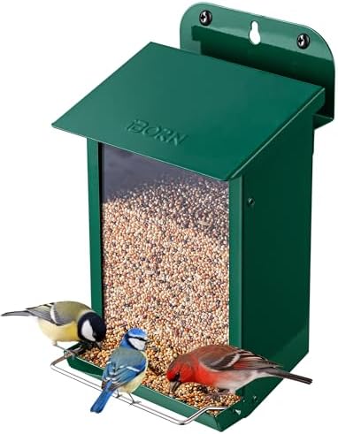 iBorn Bird Feeder for Outdoors, Wall Mounted Bird Feeder Weatherproof Metal Roof, Heavy Duty Metal Birdfeeder for Tree, Fence, Wall Screwed-in Mounting, All Detachable Easy Clean,1.3Lbs, Green