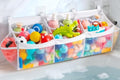 Extra Large Bath Toy Organizer with 3 Compartments and Multiple Pockets, Quick-Dry Mesh Bathtub Storage for Kids' Toys (White)