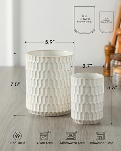 Ceramic Kitchen Utensil Holder for Counter, 7.5"+5.3", Beige