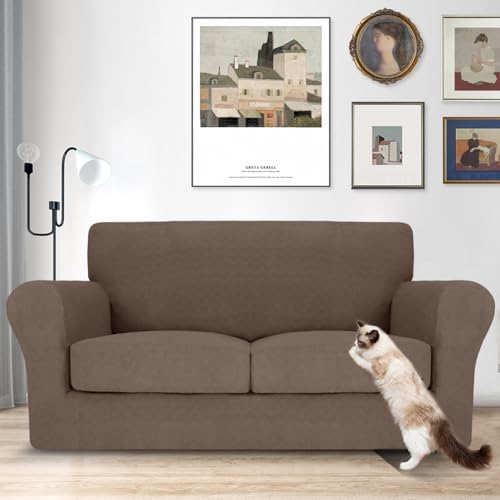 MAXIJIN 3 Piece Couch Covers for 2 Cushion Couch loveseat Cover, Stretch Love Seat Sofa Slipcovers for Dogs Pet, Thick Furniture Protector with 2 Seat Cushion (55"-69", Brown)