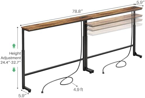 Kitstorack 2-Pack Narrow Console Table with Adjustable Height (25"-33") & 2 Power Outlets, Skinny Behind Couch Table, 78.8" Long x 5.9" Wide Sofa Side Table for Living Room, Rustic Brown