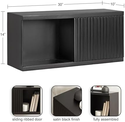 Kate and Laurel Furrow Modern Wooden Sliding Ribbed Door Wall Cabinet; 30 x 10 x 14; Black; Decorative Storage Cabinet with Sliding Door for Use as Floating Nightstand or Floating TV Shelf