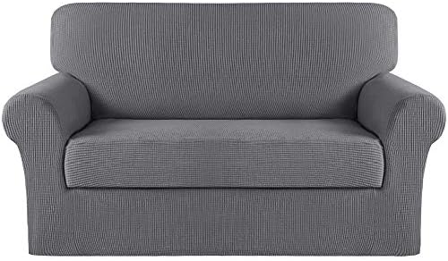 Turquoize Stretch Sofa Slipcover 2 Pieces Sofa Cover Couch Cover for 2 Cushion Couch Washable Furniture Protector Covers with Elastic Bottom Feature Thick Jacquard Fabric (Loveseat, Charcoal Gray)
