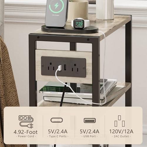 End Table with Charging Station, 3-Tier Side Table for Small Space, Skinny Nightstand with USB/Type C Port and 2 Outlets, Slim Sofa Beside Table for Living Room, Bedroom and Balcony, Greige