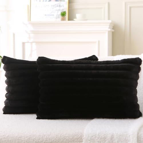Decorative Throw Pillow with Inserts, Set of 2 Soft Faux Fur Throw Pillows, Boho Striped Pillow for Couch, Bed, Sofa Decor (Black 12" x 20"(Pack of 2))