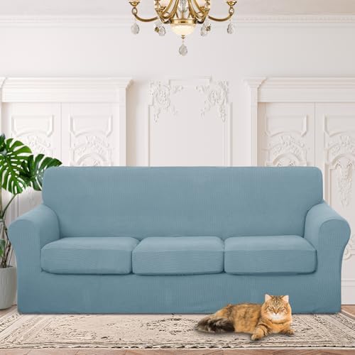 4 Pieces Stretch Couch Cover for Sofa, 3 Cushion, Blue
