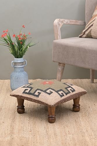 Upholstered Ottoman Footstool with Tribal Aztec Fabric | Rustic Wooden Accent Stool with Turned Legs | Decorative Foot Rest for Bedroom, Living Room & Hallway (White)