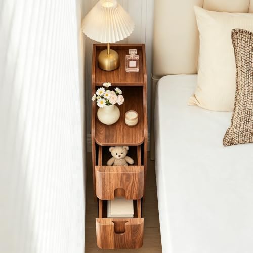 FurSch Narrow Nightstand, Wooden 2 Drawer, Walnut, 1 pc