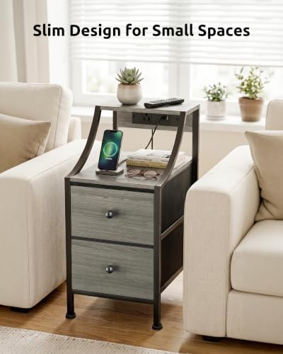 Lazzanto Narrow Nightstand with Charging Station for Bedroom, Dorm