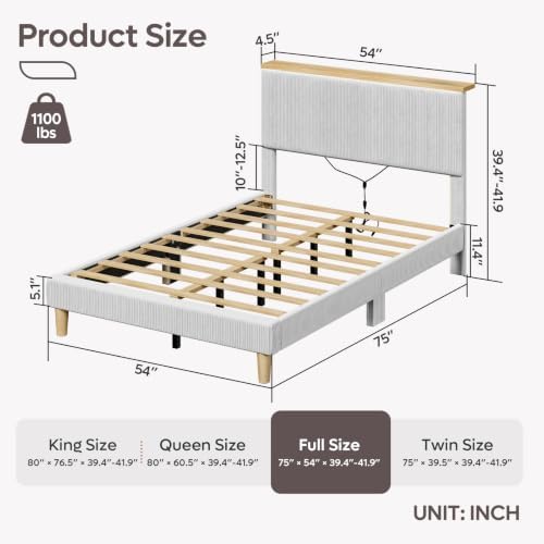 Full Bed Frame with Adjustable Headboard & LED, Upholstered, Light Grey