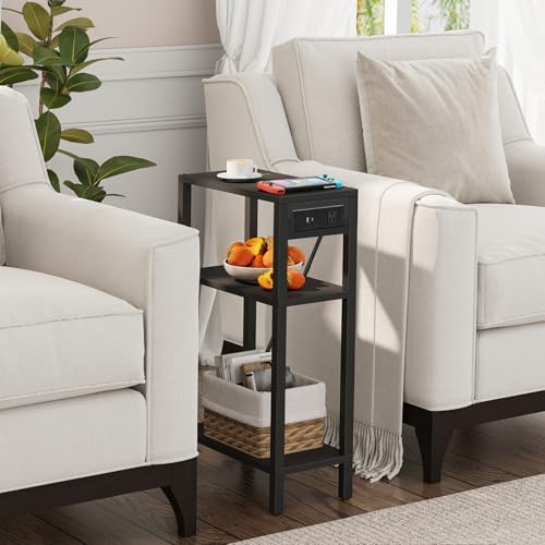 TUTOTAK Narrow Side Table, 3-Tier Small End Table with Charging Station