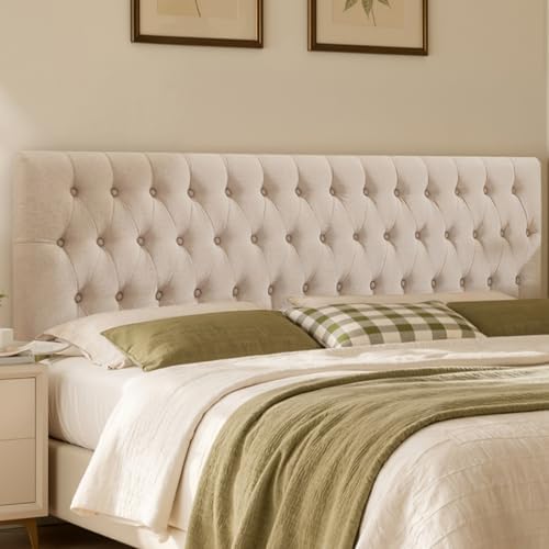 Kingfun Headboards for King Size Bed in Modern Button Design, Premium Linen Fabric Upholstered Tufted Bed Headboard, Adjustable Solid Wood Head Board, Beige