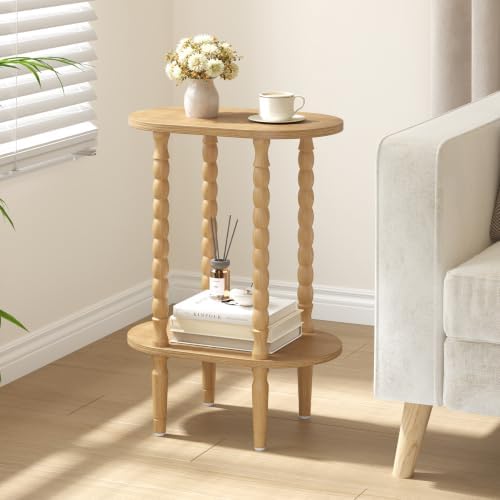 TUTOTAK Narrow Side Table with Solid Wood Legs, Small Oval End Table