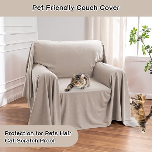 MEETSKY Small Couch Cover Oversized Armchair Sofa Covers Washable for Dogs Single Recliner Sofa Slipcover, Cat Scratch Proof Soft Sofa Throw Protector for Pets, 71" x 91", Oat