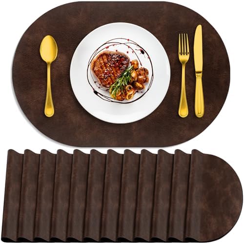 ADRIMER Oval Placemats Set of 12, Wipeable Faux Leather, Coffee