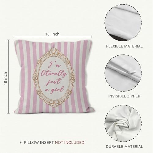 Preppy Pink Striped Girl Nursery Throw Pillow Cover 18x18, I'm Literally Just a Girl Decorative Pillow Covers for Girls Room Bedroom Dorm, Girly Pink Aesthetic Accent Pillows Cover Pillowcases