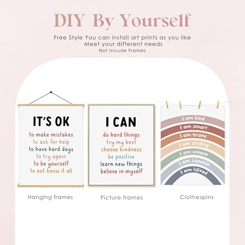 BESERH Boho Kids Positive Affirmation Rainbow Wall Decor, Mental Health Inspirational Wall Art Prints, Motivational Posters for Kids Room Nursery Playroom Classroom, 8x10 Inches Set of 3 Unframed