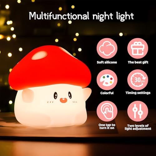 Color Changing Mushroom Night Light for Kids, Cute Squishy Silicone Mushroom Lamp, 50-Hour Rechargeable Bedside Light with Tap Control, 2 Brightness Levels, Timer, Room Decor Gift