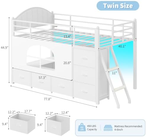 DICTAC Low Loft Bed Twin Size with 8 Storage Drawers, LED Lights, Twin Loft Bed with Upholsterd Headboard, Inclined Ladder&Play Curtain, Kids Loft Bed with Safety Guardrail, Under-Bed Play Area, White
