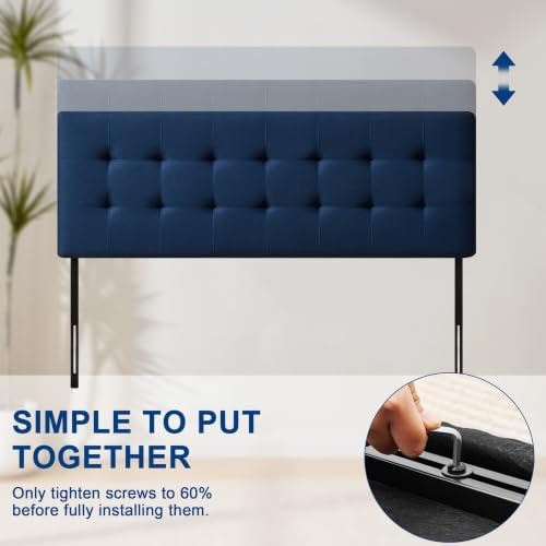 Linen Stitched Tufted King Headboard, Adjustable Height 37.2-42.3 in, Blue