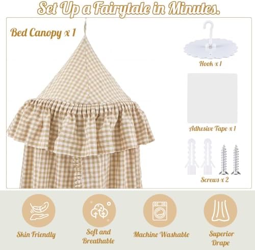 SmoothNovelty Gingham Plaid Bed Canopy, Beige White, Round