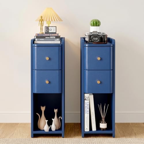 Narrow Nightstand Set of 2, Wooden Small 2 Drawer Nightstand, Slim Side End Table, Skinny Bedside Table, Mid Century Modern Night Stand with Drawers for Bedroom (Blue-2 pcs)