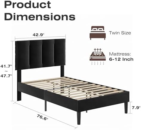 VECELO Twin Size Bed Frame with Upholstered Headboard, Velvet & Black