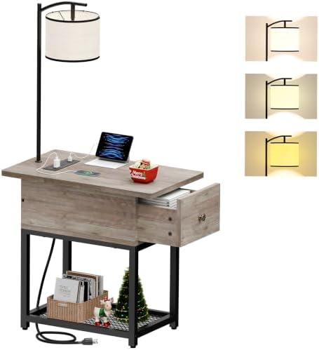 runjuly Floor Lamp with Table, Narrow Side Table with Charging Station