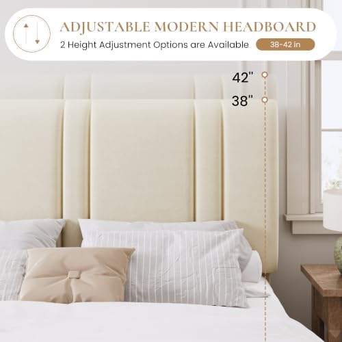 SHA CERLIN King Size Velvet Bed Frame with Adjustable Headboard, Cream