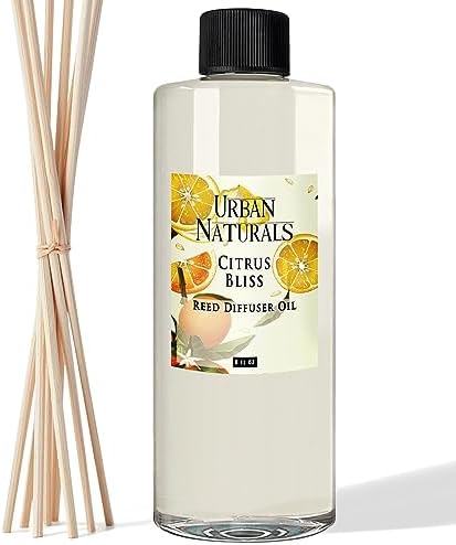 Urban Naturals Reed Diffuser Oil Refill Citrus Bliss with Mandarin, Grapefruit, Lemon Water, Clementine, Green Notes 8 oz + Free Reed Sticks, Made in the USA